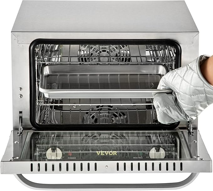 VEVOR Commercial Convection Oven, 21L/19Qt, Quarter-Size Conventional Oven Countertop, 1440W 3-Tier Toaster w/Front Glass Door, Electric Baking Oven w/Trays Wire Racks Clip Gloves, 120V