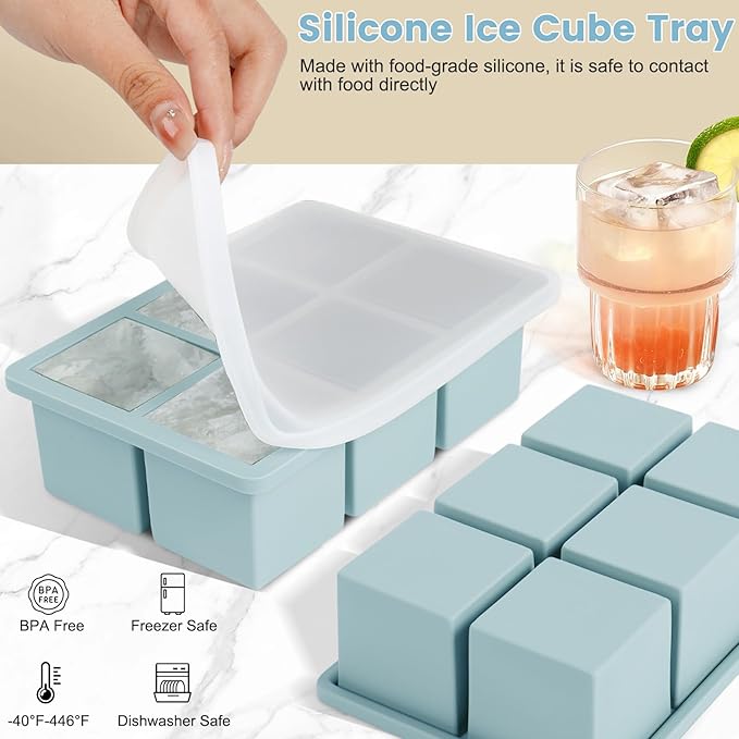 Large Silicone Ice Cube Tray 3Pack, SAWNZC Big Square Ice Cube Molds for Whisky Cocktail, Ice Maker Tray with Lid for Freezer, Easy Release (2, Blue)