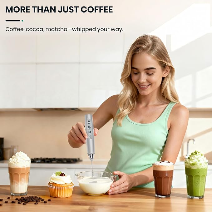 Milk Frother Handheld Rechargeable with Stand, Frother Wand Drink Mixer Electric Whisk for Coffee, Detachable With 3 Stainless Whisks, Hand Mixer for Lattes, Cappuccino, Matcha, Egg, Silver