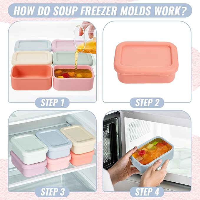 6 Packs 1 Cup Silicone Soup Freezer Molds with Lid Silicone Soup Freezer Trays Rectangle Reusable Food Preserving Tray Freezing Sauces Stews(Multiple Color)