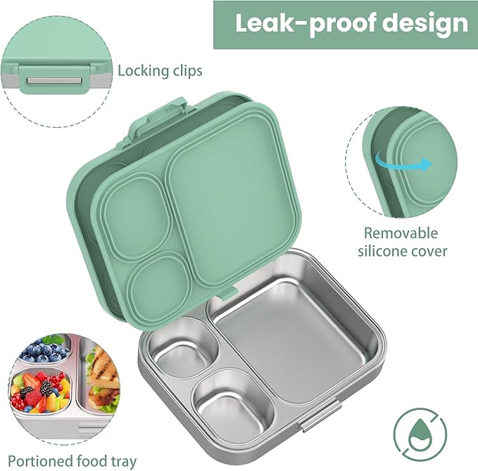 Stainless Steel Bento Lunch Box for Kids | 3-Compartment Lunch Box Container Kids | 100% Leakproof, Eco-Friendly, Perfect Portion Control for Kids&Adult Healthy Meals (Green)