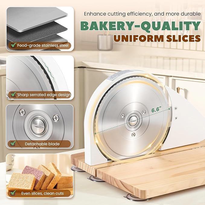 Huanyu Manual Bread Slicer Upgrade Foldable Sourdough Cutter Versatile Hand Crank Slicers Stainless Steel Blade Adjustable Thickness with Scale Line&Suction Cup for Homemade & Commercial Use (White)