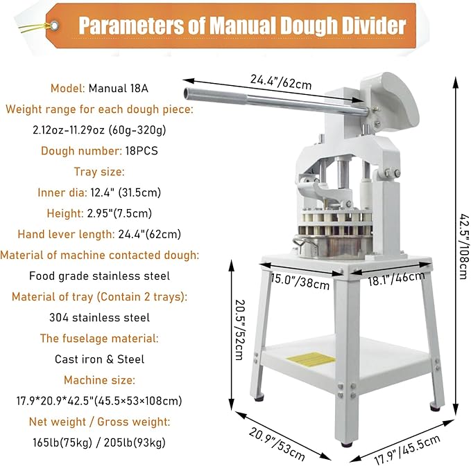 Commercial Dough Divider Manual 18PCS Dough Divider 2.12oz-11.29oz Heavy Duty Dough Cutter Machine with 60-320g Dough Weight Range for Baking, 18PCS