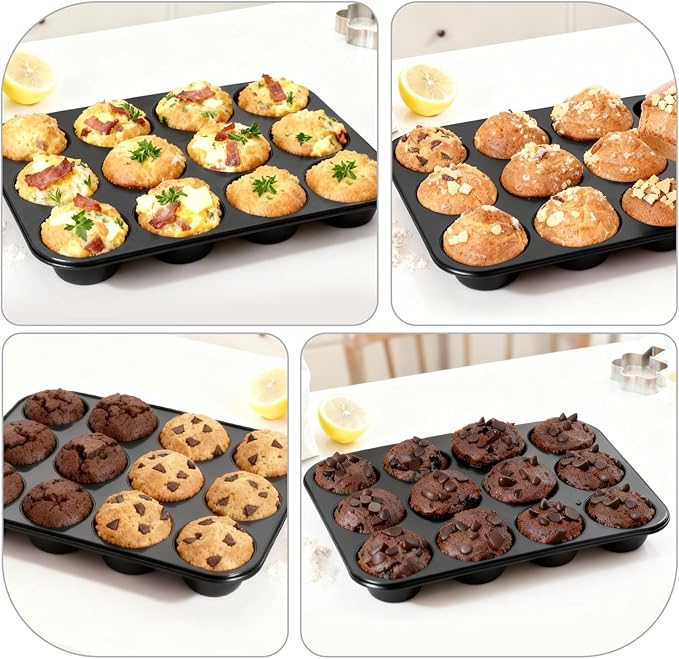 Silicone Muffin Pan for Baking: 12 Cup Muffin Pan with Metal Reinforced Frame, Regular Size Cupcake Egg Bites Molds for Baking, BPA Free Silicone Muffin Tray, Dishwasher Safe (1 Pack, Black)