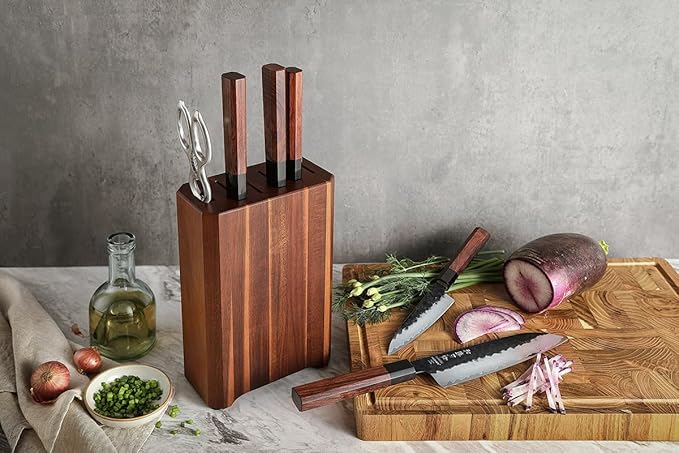 HEZHEN Knife Blocks Kitchen Knife Set, Chef Couteaux Set Kitchen Knives, Japanese Style Santoku Knife, Kitchen Scissors Acacia Wood Knife Block