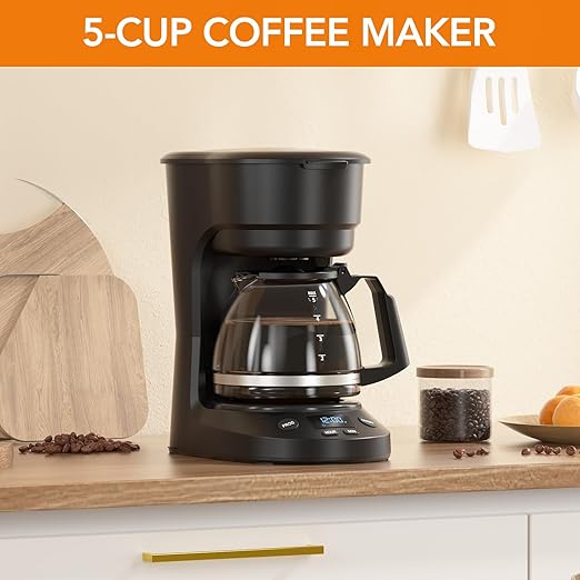 Compact 5-Cup Programmable Drip Coffee Maker — the essential coffee machine with Digital Clock, 24-hour Timer, Auto Shut-Off, and a Removable Filter Basket for Home & Office.