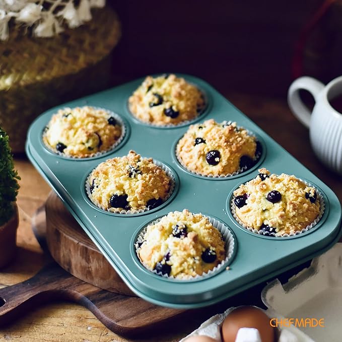 CHEFMADE Muffin Pan, 6-Cavity Non-Stick Cupcake Baking Pan Heavy Duty Carbon Steel Pan Muffin Tins Standard Baking Mold for Cakes（Green）