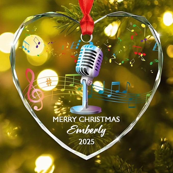 Personalized Micro Recording Glass Christmas Ornament, Customized Year Text Name Singer Singing Microphone Keepsake Ornaments Gift for Women Men Friends Besties, Vocalist Music Xmas Ornament Gifts