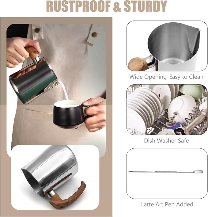 Milk Frothing Pitcher, 20oz Milk Frother Cup 304 Stainless Steel Steaming Pitcher with Art Pen Milk Coffee Jug Cup with Heat-resistant Handle and Scale