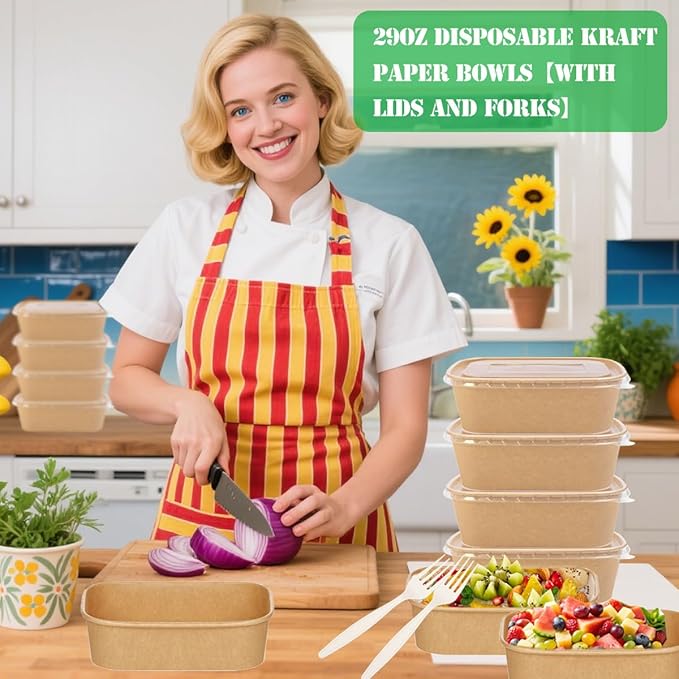 50-Pack 29oz Disposable Kraft Paper Bowls 【with Lids and Forks】Rectangle Cardboard Meal PrepContainers,Paper Leakproof Food Containers,Soup Serving Bowl for Hot/Cold Food-Microwave Safe (29oz 50Count)