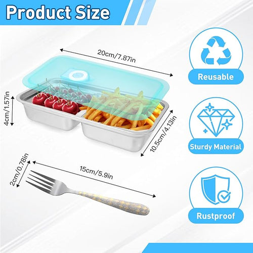4 PCS Stainless Steel Snack Containers with Lids, Reusable Double Compartment Grab and Go Bento Lunch Box for Adult (4 Snack Containers+4 Forks)