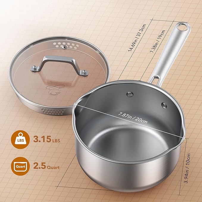 PekGema Stainless Steel Saucepan 2.5 Quart with Glass Strainer Lid, Thicken Tri-ply Full Sauce Pot, Two Side Spouts for Easy Pour, Dishwasher Safe, Induction Ready, Compatible with All Cooktops