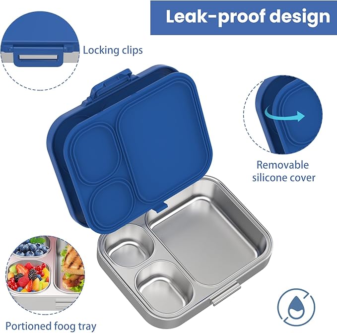 Stainless Steel Bento Lunch Box for Kids | 3-Compartment Lunch Box Container Kids | 100% Leakproof, Eco-Friendly, Perfect Portion Control for Kids&Adult Healthy Meals (Blue)
