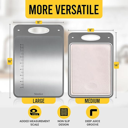 2 Pack Double Sided Stainless Steel Cutting Board Set - 16x11" + 14x9" - Non Slip Chopping Boards for kitchen with Deep Juice Groove, Built-In Measurement Scale, Garlic Grater, & Easy to Clean