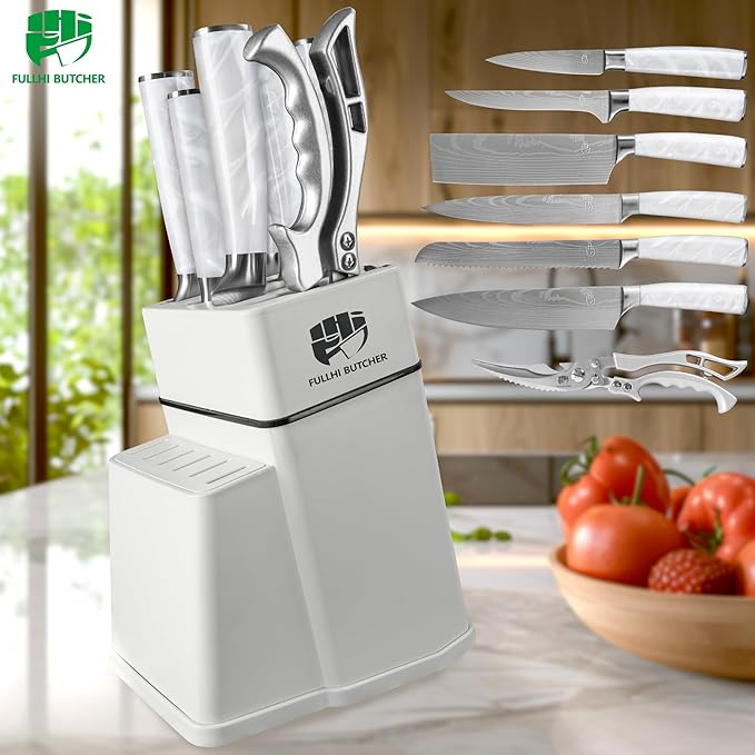 FULLHI 8pcs block Knife Set,chef's Knves Set with Block and Sharpener, Kitchen Knife Set,Multi-colour Handle, Gifts for Men Women