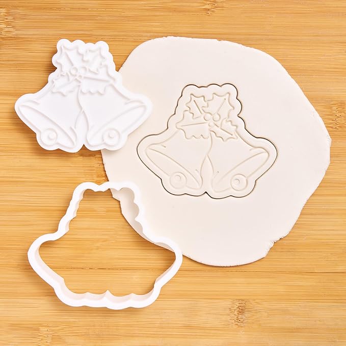 Flycalf Christmas Cookie Cutters Bell with Plunger Stamps Holiday PLA Baking Accessories Cutter Molds Gifts Decorative Party 3.5" Kitchen Cake Supplies