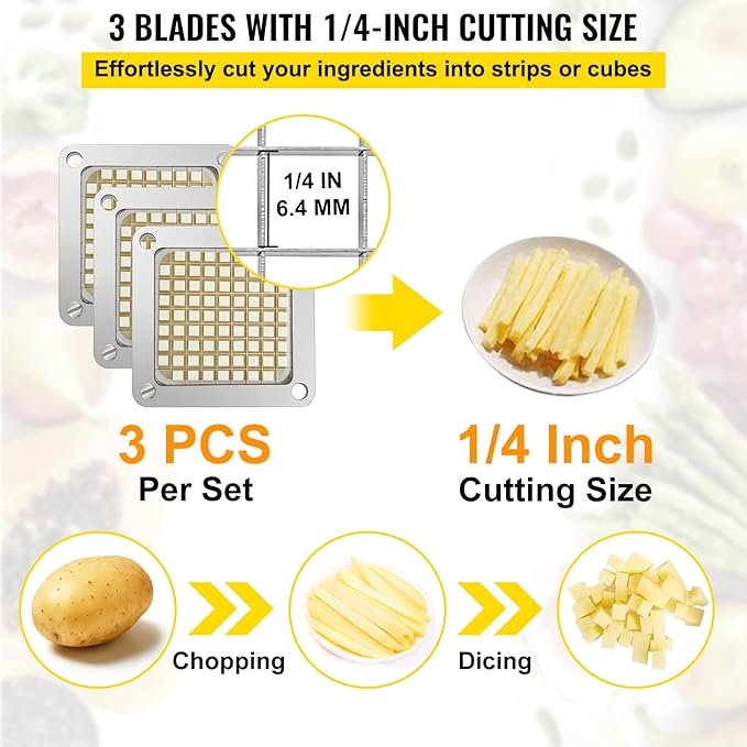 VEVOR Replacement Chopper Blade, 1/4 inch, 3 PCS French Fry Blade Assembly with 6 Extra Knives, Stainless Steel Dicer Parts and Push Block for Cutting Potatoes Carrots Onions Cucumbers Mushrooms