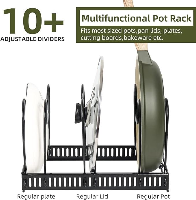 ROOHUA Pot Rack -Expandable Pan Organizer for Cabinet, Lid Holder with 10 Adjustable Compartment for Kitchen Cabinet Cookware Baking Frying Rack