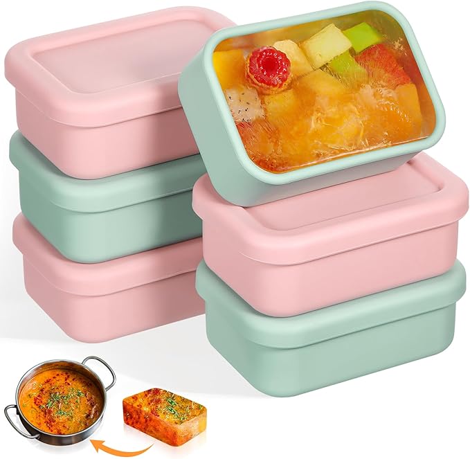 6 Packs 1 Cup Silicone Soup Freezer Molds with Lid Silicone Soup Freezer Trays Rectangle Reusable Food Preserving Tray Freezing Sauces Stews(Pink, Sage Green)