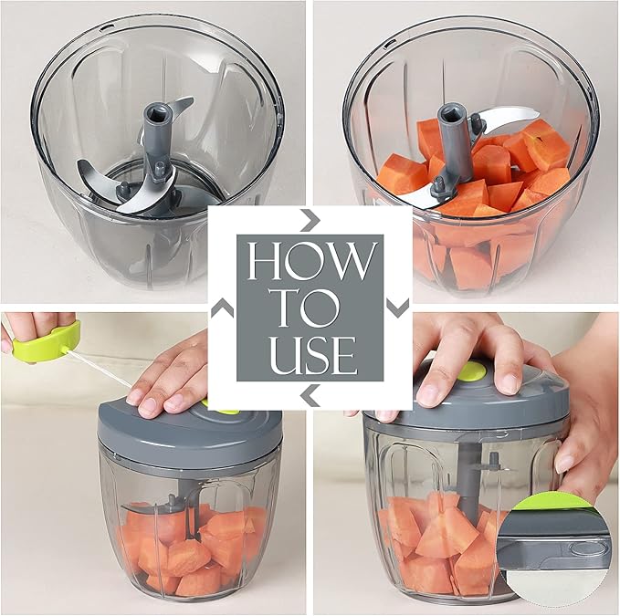 Ourokhome Manual Food Processor Vegetable Chopper, Portable Hand Pull String Garlic Mincer Onion Cutter for Veggies, Ginger, Fruits, Nuts, Herbs, etc., 900ml, Grey