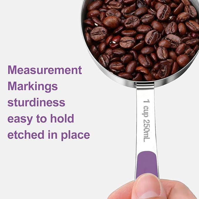 Measuring Cups and Spoons Set, Stainless Steel 10 Piece for Cooking and Baking (5 Cups + 5 Spoons, Purple Handle)