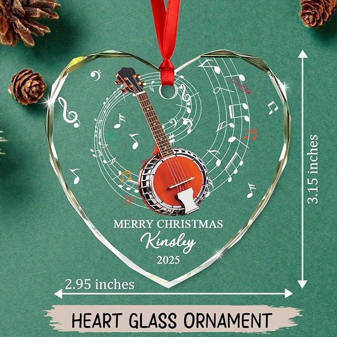 Customized Banjo Musical Glass Ornament Xmas Tree, Personalized Text Year Name Musical Instrument Ornaments Gift for Banjo Lover Brother Sister Dad Mom Parents,Unique Banjos Instrument Glass Ornament