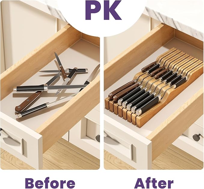 Bamboo In-Drawer Knife Block for 15 Knives(Not Included), Knife Drawer Organizer,Knife Holder Countertop,Block Knife Storage Organizer for Kitchen