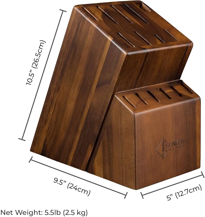 SENKEN 16-Piece Kitchen Knife Block Set - Japanese Chef's Knife Set with Laser Damascus Pattern, Includes 6 Steak Knives and Smoothly-Finished Acacia Hardwood Knife Block (Blue Resin Handles)