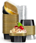 EUSOAR Disposable Ramekins with Lids, 10oz 100pcs Black Gold Aluminum Foil Baking Cups Tins Liners for Pie Quiche Soufflé Creme Brulee, Cake Pan Custard Cups Set for Gathering Dinner Wedding Banquets