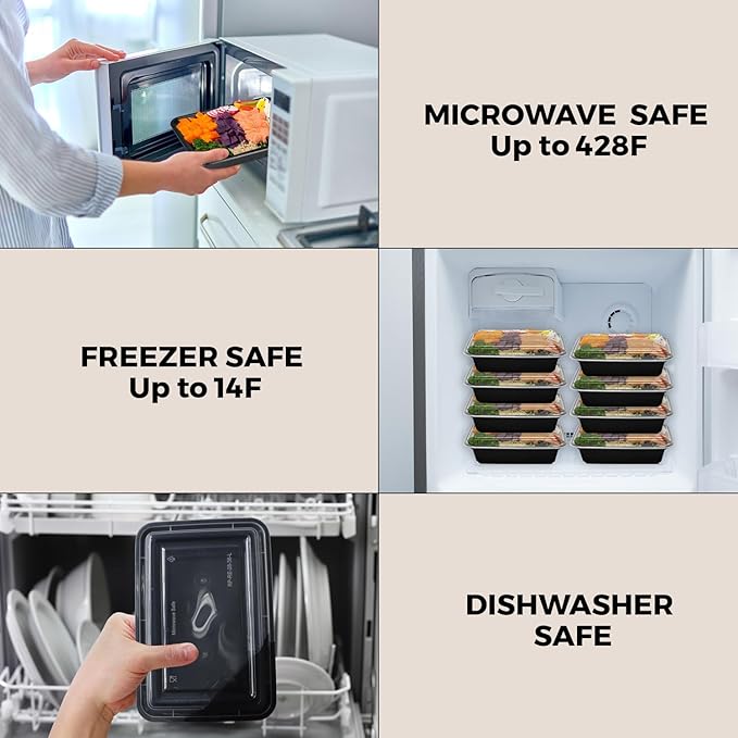 Klex 16 Oz, 50 Sets Meal Prep Containers with Airtight Lids, BPA Free, Reusable Plastic Food Container, 16 oz, Rectangular, Black/Clear, 50 Sets