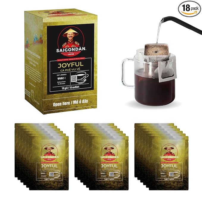 Pour Over Vietnamese Coffee – Saigondan Joyful | Medium Roast | Arabica Bourbon | Instant Specialty Coffee | Small Batch Roasted | Direct Trade | Notes of Orange Blossom | 18 Sachets