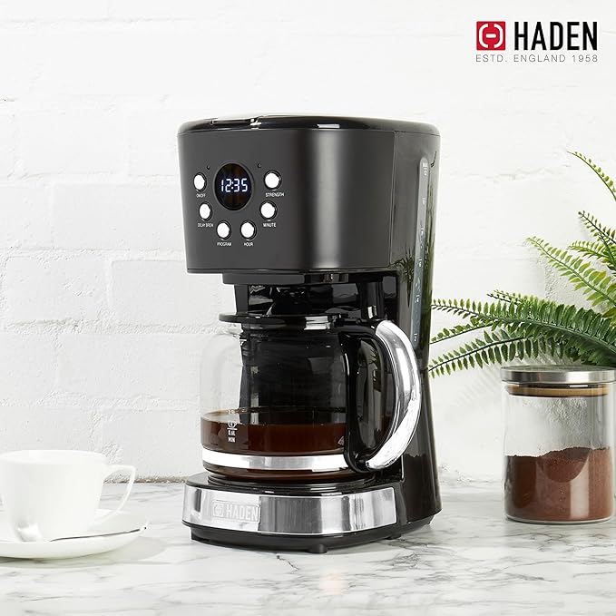 Haden Coffee Machine, 12 Cup Programmable Drip Coffee Maker with Auto Shut-Off Function and Reusable Washable Water Filter, Black & Chrome