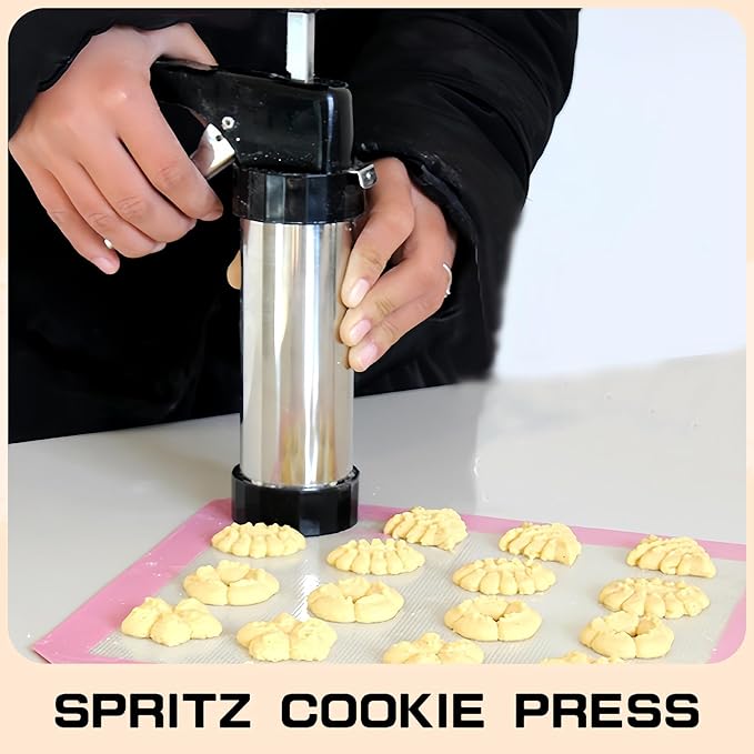 Cookie Press, Cookie Press Gun for Baking, Spritz Cookie Press, Stainless Steel Churros Maker Machine Kit, with 6 Brushes, 13 Cookie Discs, 8 Icing Nozzles, for Cookie Decorating