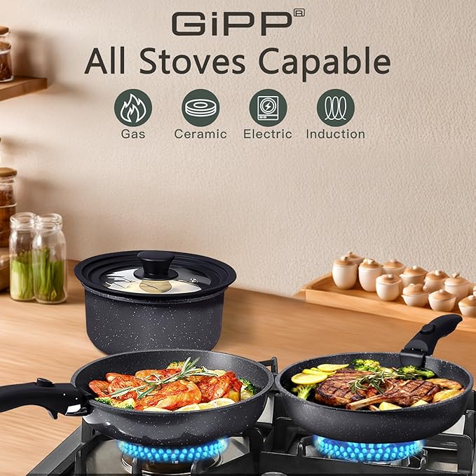 GiPP Ceramic Pots and Pans Set Non Stick, Nonstick Detachable Handle Cookware Sets, Healthy Non Toxic PFAS PFOA & PTFE Free, Dishwasher ＆Oven Safe, Induction Kitchen Pot and Pan, 15 Piece Grey