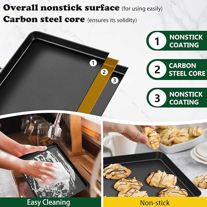 P&P CHEF 12.4 Inch Baking Cookie Sheet Pan, Carbon Steel Oven Tray, Non Stick Bakeware for Cooking Baking Bread Meat Vegetables, Sturdy & Healthy, Easy Clean, 1Pc