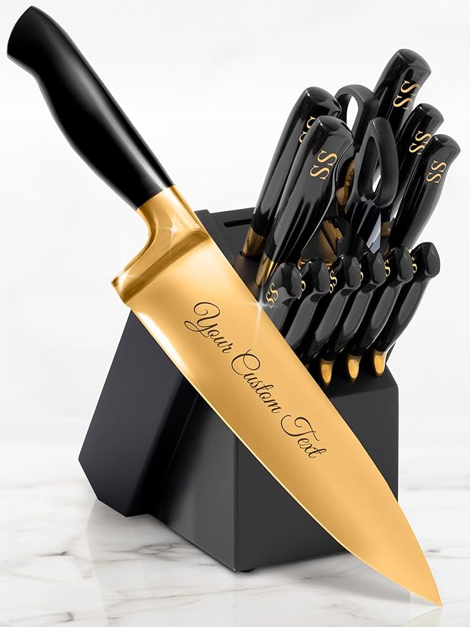 Personalized Black and Gold Knife Set with Block and Sharpener – 14-Piece Custom Engraved Titanium-Coated Gold Knives – Full Tang, Stainless Steel, Ergonomic, Gift-Ready