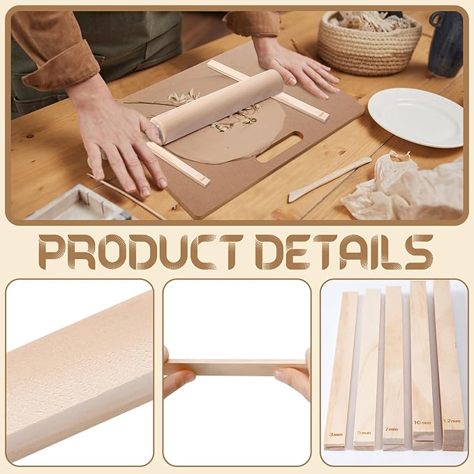 Newtay 12 Pcs Pottery Tools Include 1 Wood Rolling Pin Sculpting Polymer Clay Tools 1 Portable Wedging Board for Pottery with Built in Handle and 10 Pcs 5 Size Pottery Teaching Rolling Mud Stick Guide