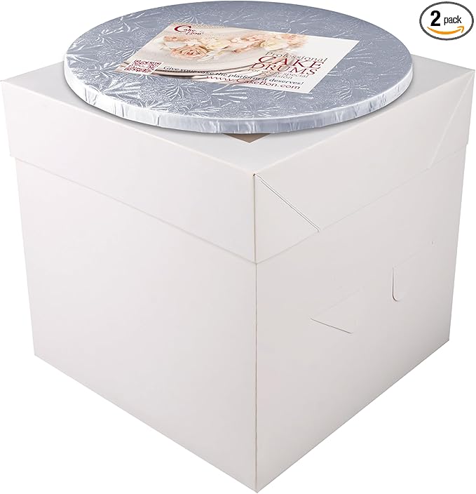 Cakebon Cake Boxes with Boards - 10 Inch Round Cake Drum Silver - Box With Window for Birthdays, Weddings and Parties (1pc Each, 2pcs Total)