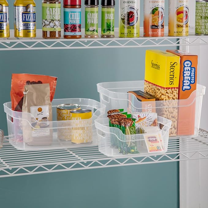 Sterilite 9.5 x 6.5 x 4 Inch Small Open Scoop Front Clear Storage Bin with Comfortable Carry Through Handles for Household Organization (16 Pack)