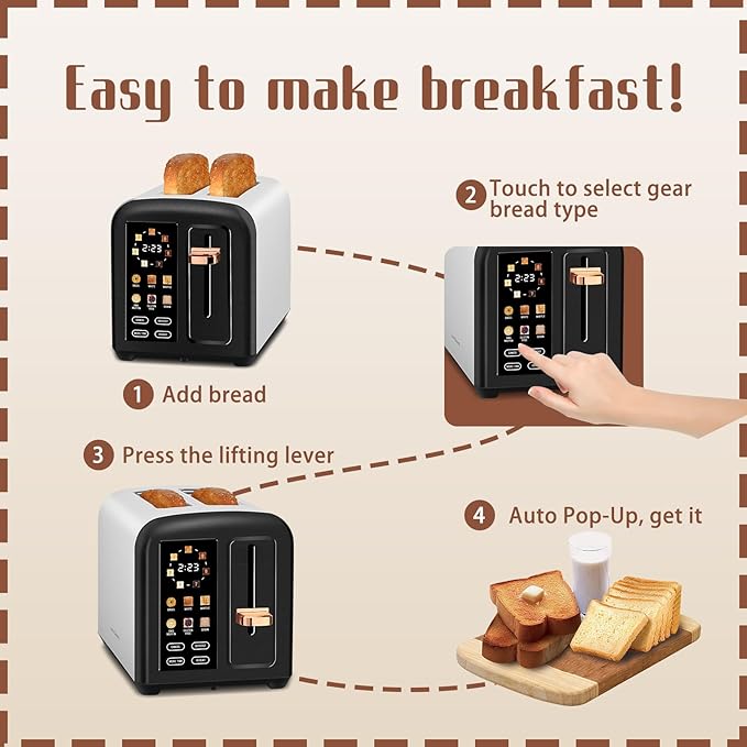 SEEDEEM Toaster 2 Slice with Touch Screen, Faster Heating Speed, 7 Shade Setting, 6 Bread Type, 1.5”Wide Slots Toaster, Removable Crumb Tray, 1350W, Dark Chocolate