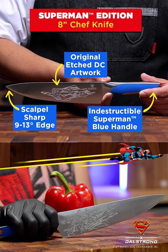 Dalstrong Knife Set-2pc- DC SUPERMAN™ Licensed Edition-8" Chef Knife & 4" Paring Knife-Premium German Stainless Steel-POM Handle Kitchen Knife Set-Leather Sheaths