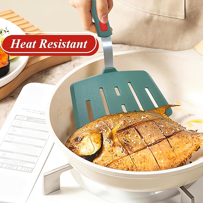 Silicone Spatula Turner Set of 2, Heat Resistant Pancake Spatulas for Nonstick Cookware Pan, Wide Slotted Cooking Spatula for Omelette Egg Fish, Thin Flexible for Kitchen Use, Dishwasher Safe