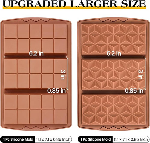 2 Pcs Chocolate Bar Mold Deep Dubai 0.85 Inch Stuffed Chocolate Molds Silicone Large Break Apart Silicone Molds (10 Snap + Pyramid）