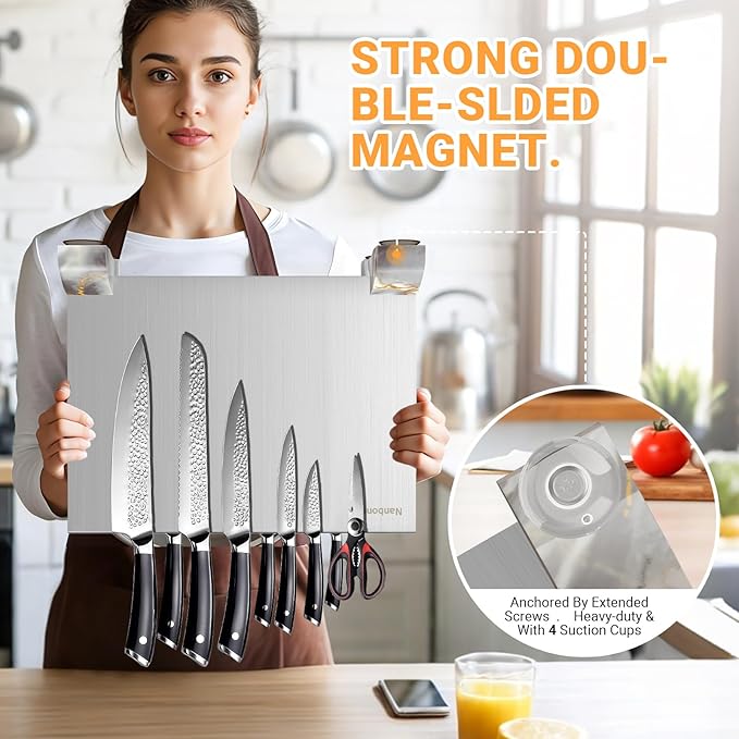 Magnetic Knife Block Without Knives, Stainless Steel Magnetic Knife Holder Stand with Strong Knife Magnet, Double-Sided Knife Magnetic Strip Knifes Storage Organizer for Kitchen Counter Top