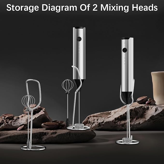 Rechargeable Milk Frother with Stand, Electric Frother Wand Handheld Coffee Foam Maker Detachable Stainless Steel Whisk Drink Mixer Foamer for Latte, Cappuccino, Hot Chocolate, Egg (Silver)