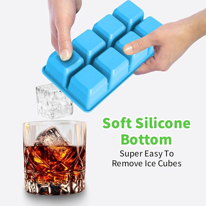 Large Ice Cube Molds 2 Pack, FURNSII Silicone Ice Cube Tray for Freezer with Lid, 8 Giant Square Cubes, Easy Release Stackable Ice Molds for Whisky Cocktails