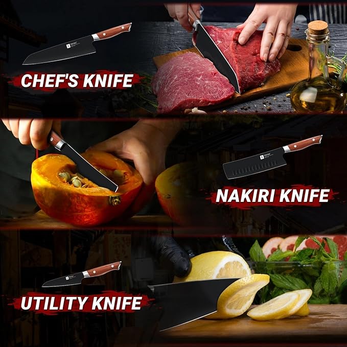 TIVOLI 3 Piece Kitchen Knife Set - High Carbon Steel Black Blade Rustproof Coating - Chef Knife Set with Ergonomic Wood Handle, Cooking Knife Set for Meat Vegetable Fruit, Gift Box Sharp Knives