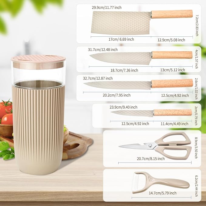 Knife Set, 7-Piece Kitchen Knife Set with Sharp Chef and Meat Knives, Anti-Rust Utility Knives Set for Kitchen, Kitchen Knife Block Set – Khaki