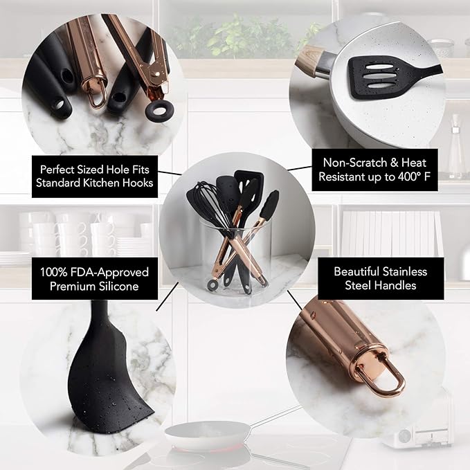 COOK WITH COLOR Silicone Cooking Utensils, Kitchen Utensil Set, Easy to Clean Silicone Kitchen Utensils, Cooking Utensils for Nonstick Cookware, Kitchen Gadgets Set, Mini, Black