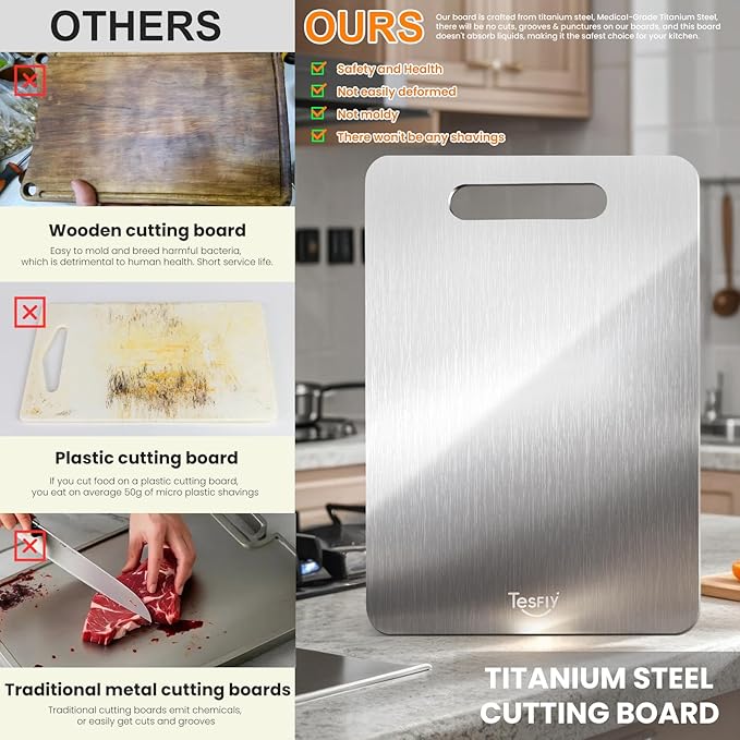 New Titanium Cutting Board - 100% Pure Titanium Cutting Boards For Kitchen,Easy to clean, Double-sided food-grade Cutting Board For Cutting Meats, Fruits And Vegetables（18 * 12）